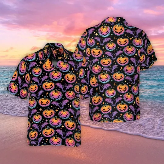 Discover Halloween Scary Pumpkin Bat Hawaiian Shirt, Halloween Costume Shirt