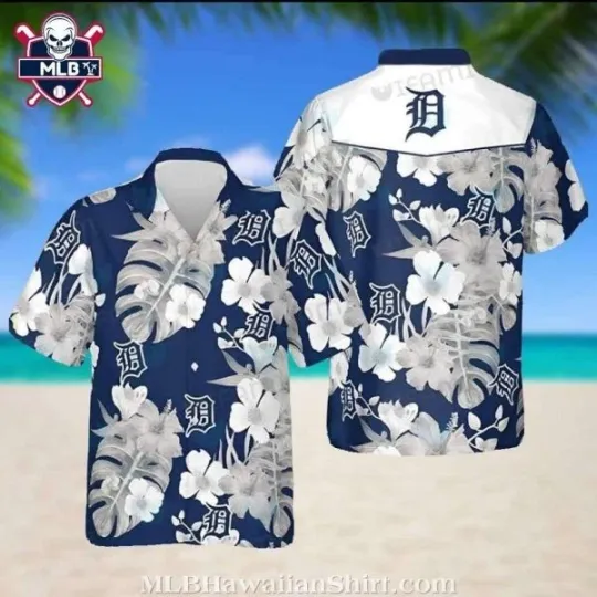 Discover Detroit Tigers Monochrome Floral Blue Hawaiian Shirt Size S-5XL