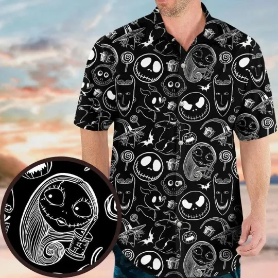 Discover Halloween Nightmare Before Christmas Characters Black & White Hawaiian Shirt
