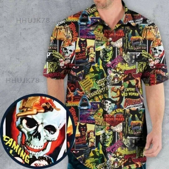 Discover Fright Night Halloween Retro Horror Characters Collage Hawaiian Shirt