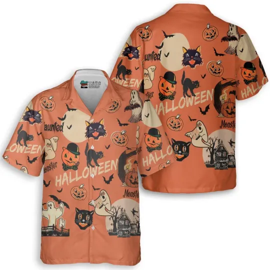 Discover Orange Retro Halloween Ghost Pumpkins Hawaiian Shirt