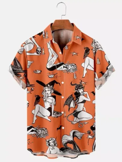 Discover Orange Halloween Witch Girl Beauty Hawaiian Shirt
