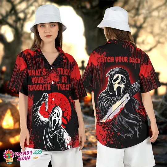 Discover Scream Ghost Face Halloween Bloody Horror Movie Aloha Shirt