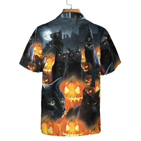 Discover Halloween Black Cat Pumpkin Hawaiian Shirt Spooky Halloween Shirt Aloha Shirt