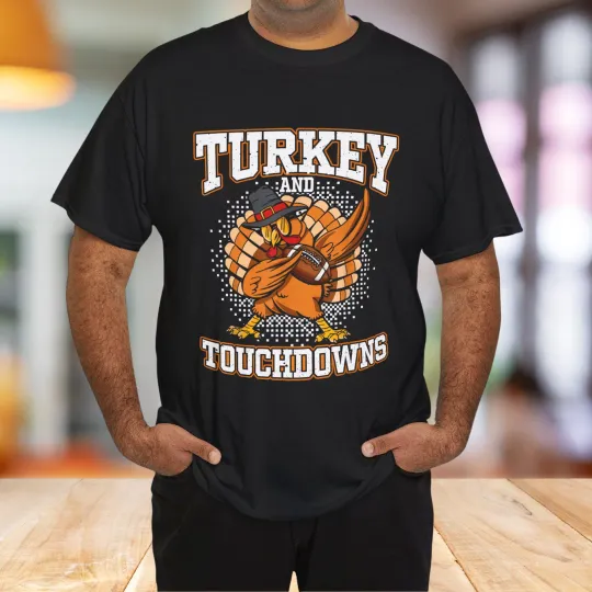 Discover Thanksgiving Turkey And Touchdowns Football Men Kids Women T-Shirt