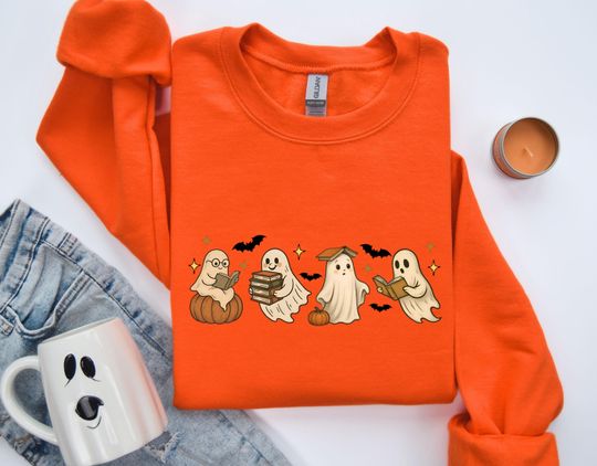 Discover Ghost And Book Sweatshirt, Ghosts Reading Book Sweatshirt, Halloween Teacher Sweatshirt, Teacher Gift, Halloween Sweatshirt, Book Lover Gift