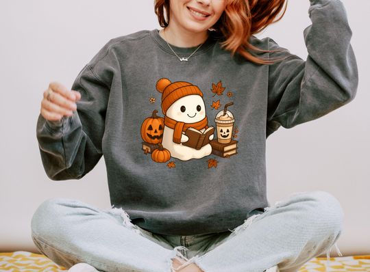 Discover Fall Coffee Sweatshirt, Fall Teacher Sweatshirt, Book & Coffee Sweatshirt, Autumn Teacher Sweater, Coffee Lover Gift, Reading Ghost Sweatshirt