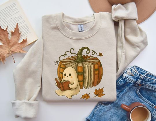 Book And Ghost Pumpkin Sweatshirt, Book Lover Gift, Teacher Fall Sweatshirt, Autumn Sweater, Book Pumpkin Sweatshirt, Reading Ghost