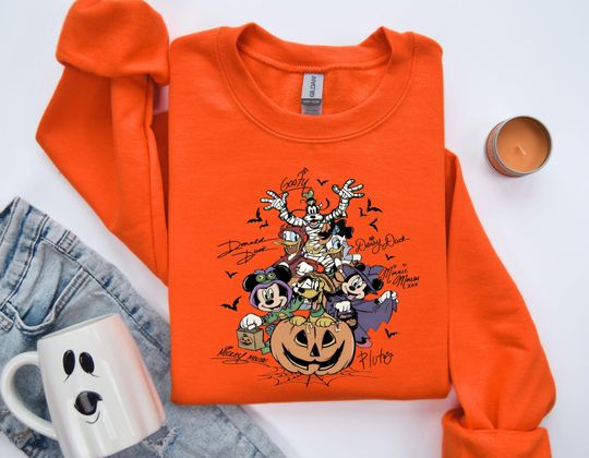 Discover Retro Disney Friends Halloween Sweatshirt, Mickey & Friends Halloween Party Sweatshirt, Disney Pumpkin Sweatshirt, Spooky Season