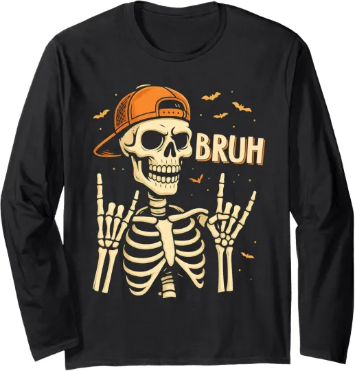 Discover Funny Skeleton Rock On Halloween Long Sleeve T-Shirt