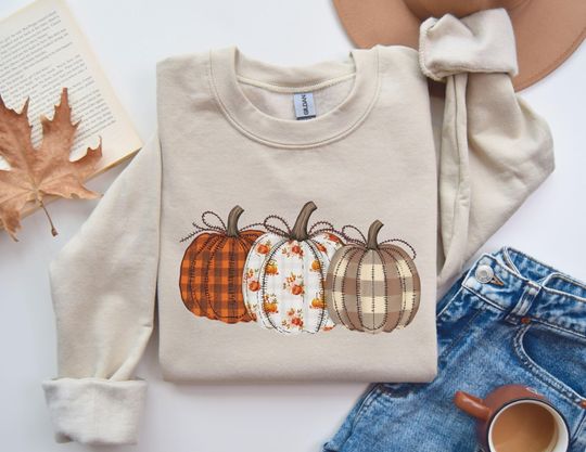 Discover Checkered Pumpkin Sweatshirt, Thanksgiving Sweatshirt, Fall Pumpkin Sweatshirt, Pumpkins Sweatshirt, Autumn Fall Sweatshirt