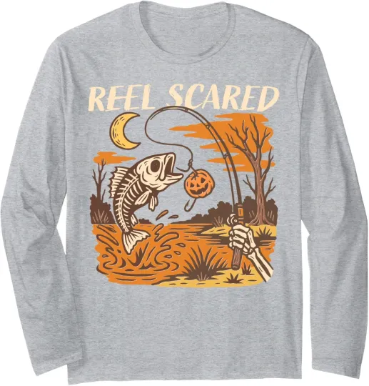 Reel Scared Halloween Skeleton Long Sleeve T-Shirt for Fall Fishing