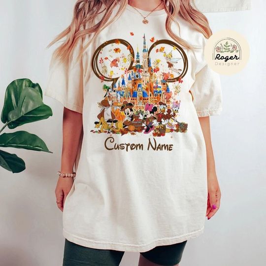 Personalized Mickey & Friends Castle Fall Vibes Disney Thanksgiving Shirt, Pumpkin Spice Autumn Leaves Family Thankful, Disney Halloween Tee