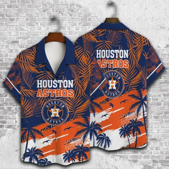 Discover Houston Baseball Tropical Sunset Blue And Orange Aloha Unisex Hawaiian Shirt, Gift for Fan