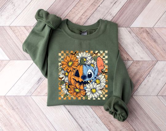 Checkered Stitch Halloween Sweatshirt, Pumpkin Stitch Sweatshirt, Floral Stitch Sweatshirt, Disney Sweatshirt