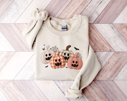 Discover Retro Checkered Pumpkin Sweatshirt, Halloween Pumpkin Sweatshirt, Spooky Season Sweatshirt, Halloween Sweater