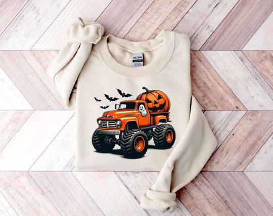 Discover Halloween Truck Sweatshirt, Pumpkin Sweatshirt, Halloween Gift, Halloween Ghost Sweatshirt, Spooky Season Sweatshirt