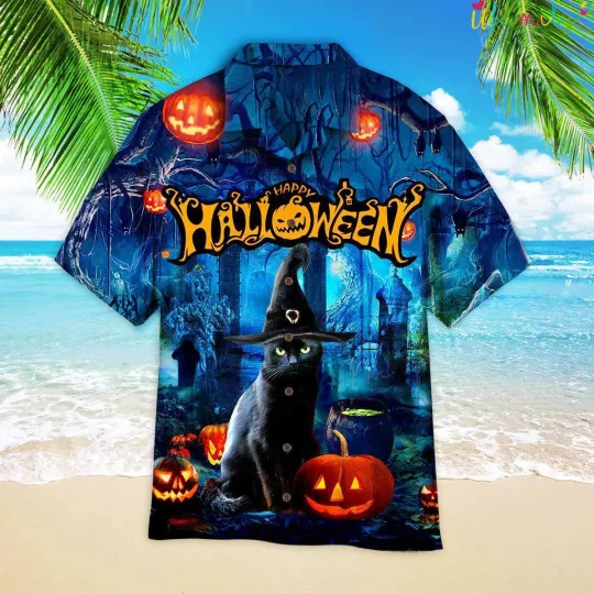 Discover Halloween Black Cat Witch Cemetery Hawaiian Shirt