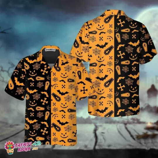 Discover Black And Orange Spooky Halloween Hawaiian Shirt Halloween Seamless Pattern Shir