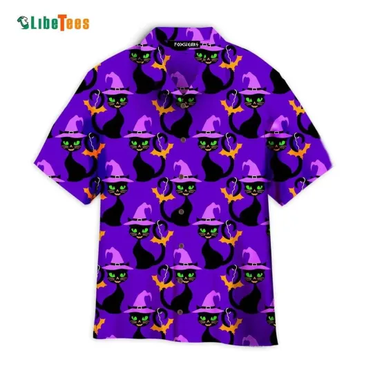 Discover Halloween Witch Cat Shirt Purple Hat Men’s Aloha Hawaiian Casual Party