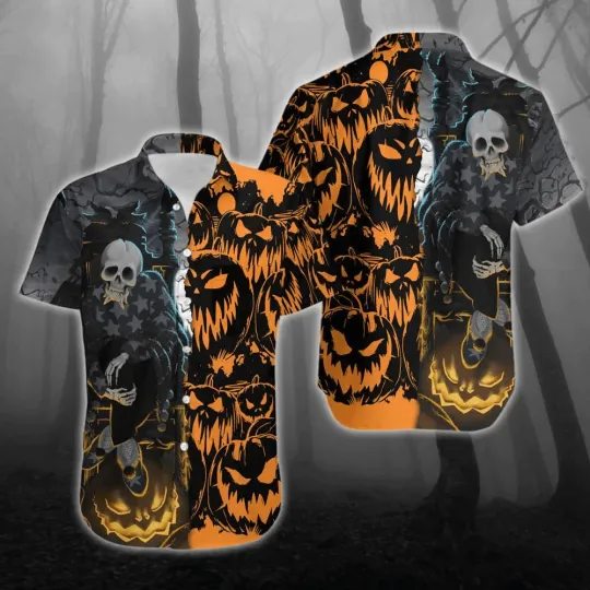 Discover Black amp Orange Pumpkin Halloween Trendy Hawaiian Shirt Unisex Print Aloha Shor