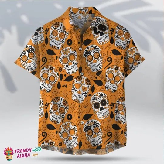 Discover Halloween Orange Sugar Skull Unisex Hawaiian Day of the Dead Tee_q1z_65
