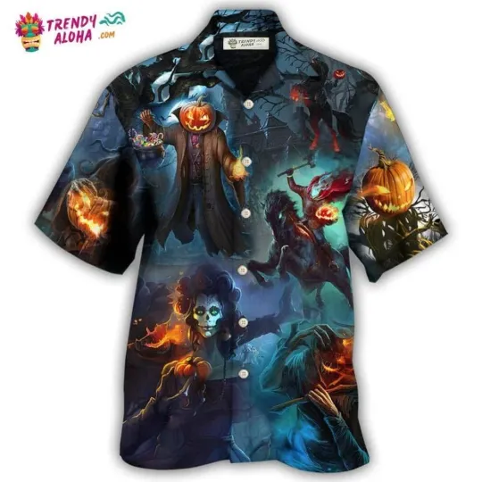 Discover Halloween Skull Pumpkin Scary Sky Night Hawaiian Shirt   Trendy Aloha_8yu_95