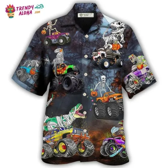 Discover Halloween Skeleton Dinosaur Driving Monster Truck Hawaiian Shirt   Trendy Aloha_