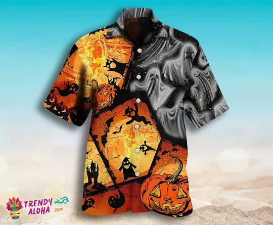 Discover Scary Ghost amp Pumpkin Print Halloween Themed Aloha Hawaiian Shirt_8bc_96