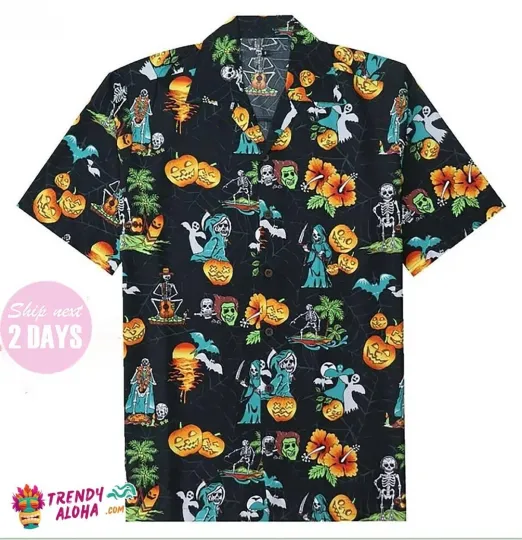 Discover Foolish Mortals Ghost Pumpkin Hawaiian Aloha Halloween Party Shirt_jda_13