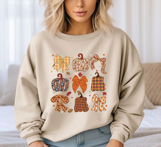 Coquette Bow Pumpkin Sweatshirt, Fall Season Sweatshirt, Thanksgiving Gift, Cute Autumn Sweatshirt, Thanksgiving Sweater