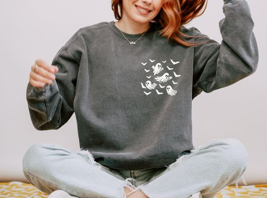 Discover Comfort Colors Spooky Sweatshirt, Flying Ghosts & Bats Sweatshirt, Spooky Season, Halloween Sweatshirt, Ghost And Bat Halloween Hoodie,