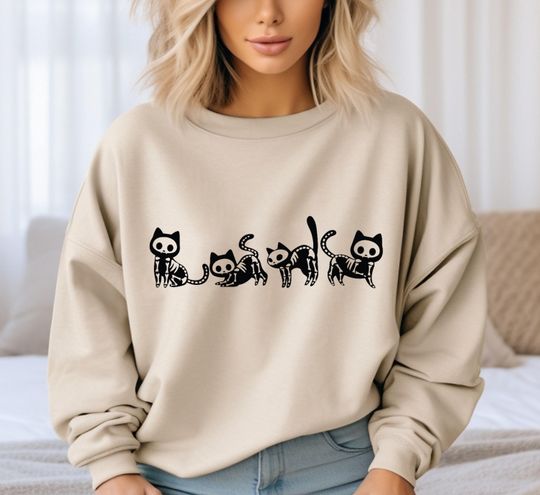 Discover Halloween Cat Sweatshirt, Halloween Skeleton Cat Sweatshirt, Cat Owner Halloween Gift, Cat Lover Halloween Sweatshirt, Halloween Sweatshirt