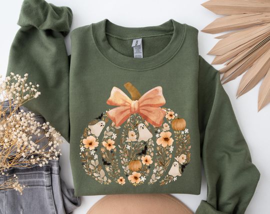 Discover Floral Pumpkin Ghost Sweatshirt, Fall Pumpkin Sweatshirt, Thanksgiving Gift, Coquette Bow Pumpkin Sweatshirt, Spooky Season Sweatshirt