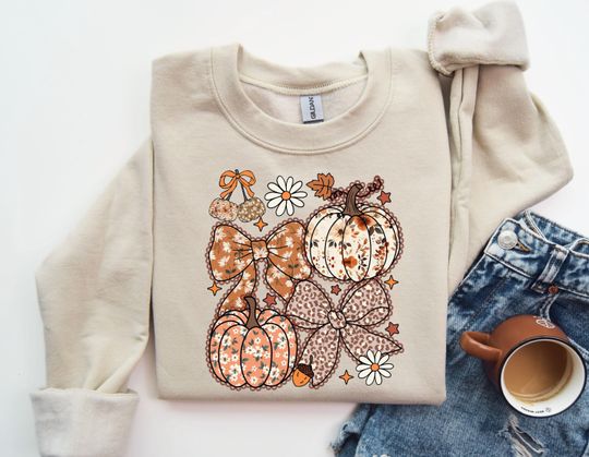 Discover Fall Coquette Bow Sweatshirt, Floral Pumpkin Sweatshirt, Coquette Pumpkin Sweatshirt, Autumn Sweater, Thanksgiving Gift, Fall Pumpkin Hoodie
