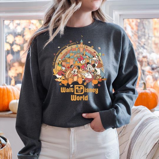 Discover Thanksgiving Disney Castle Shirt, Mickey Minnie Donald Goofy Fall Tee, Autumn Cartoon Crew T-Shirt, Pumpkin Pie Family Holiday Sweatshirt