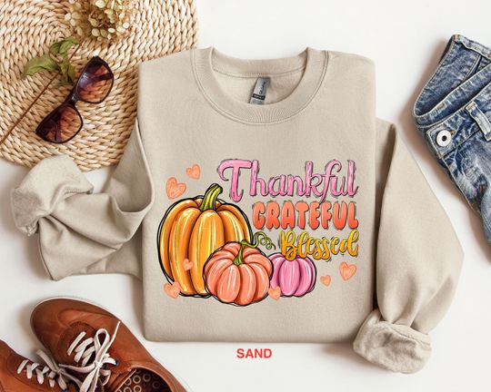 Discover Thankful Grateful Blessed Shirt, Pumpkin Sweatshirt, Thanksgiving Shirt, Thanksgiving Sweatshirt, Thanksgiving Family Matching Shirts