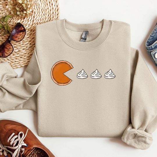 Pumpkin Pie Pac Man Sweatshirt, Pumpkin Sweatshirt, Thick Thighs Sweater, Thanksgiving Sweatshirt for Women, Cozy Thanksgiving Sweatshirt