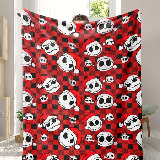 Disney Christmas Eve Horror Skull Red and Black Grid Blanket: Dark Christmas Warmth Guardian