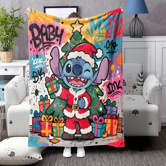 Disney Stitch Christmas Carnival: Graffiti Style Blanket, overflowing with cute gifts, light up the festive atmosphere