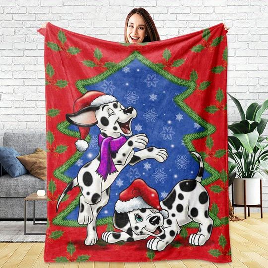 Disney Christmas Cute Dog Carnival Blanket: Funny Dalmatians between Red and blue Stars