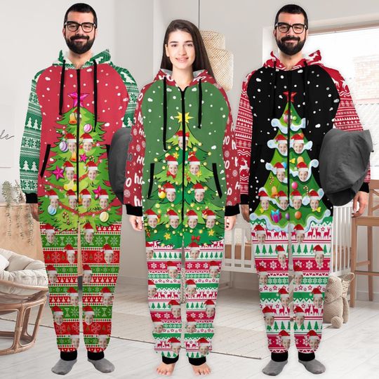 Custom Face Christmas Pajamas: Hooded Flannel One-Piece Family PJs