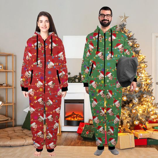 Personalized Christmas Flannel Pajamas: Custom Photo Hooded One-Piece