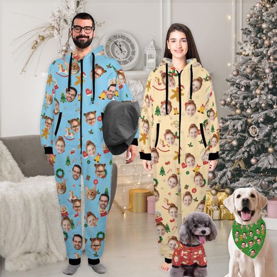 Discover Custom Face Christmas Pajamas: Personalized Flannel Zipper One-Piece