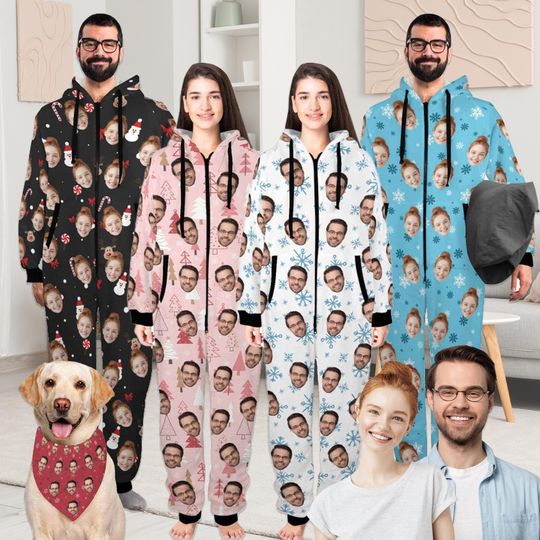 Discover Personalized Pajamas with Faces,Custom Couple Christmas Pajamas,Custom Face one-piece pajamas,Customizable Christmas Pyjamas