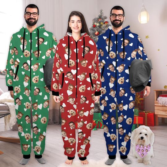 Discover Personalized Face Hooded Pajamas: Custom Family Photo Zipper Flannel Onesie