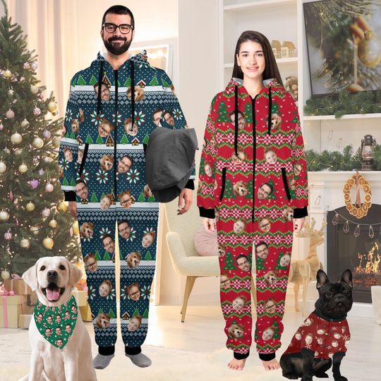 Discover Custom Pictures Pajamas,Customize one-piece Faces Pajamas,Personalized Hooded Pajamas with Dog Face,Lovers Pajamas,Christmas Gifts