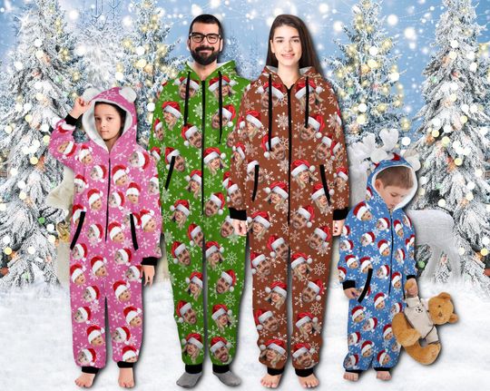 Discover Custom Face Onesie Pajamas, Personalized Photo One-piece Pajamas, Custom Christmas Hooded Onesie Pajamas, Christmas Gifts, Xmas Gifts