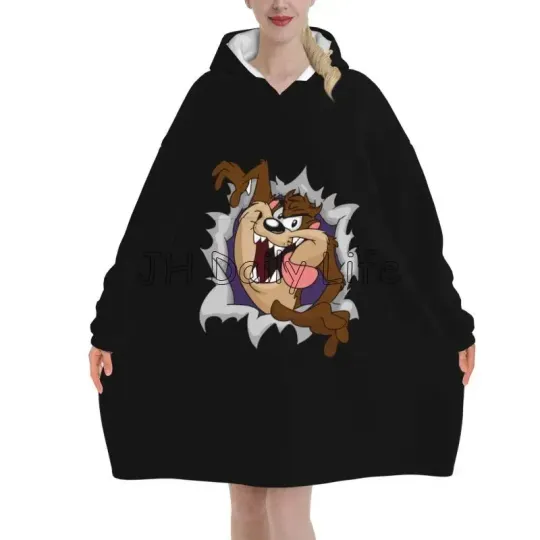 Discover Tasmanian Devil Black Wearable Hoodie Blanket Women Flannel Oversized Pullover Sweatshirt Soft Warm Cozy Fleece Sherpa Blanket
