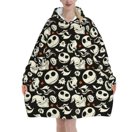 Discover Halloween Bats Devil Wearable Blanket Hoodie for Women Oversized Pullover Sweatshirt Flannel Fleece Sherpa Blanket with Pockets